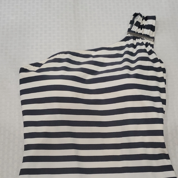 MICHAEL Michael Kors Black and White Striped One-Shoulder Swimsuit - Picture 3 of 9